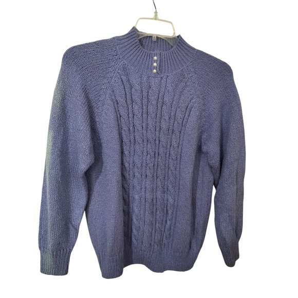 3448) Karen Scott Purple Heather Cable Knit Mock Neck Pearl Button Sweater Sz M - Picture 1 of 7